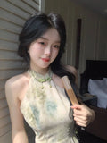 Green Cheongsam Elegant Cardigan Chinese Traditional Dress Qipao Chiffon Print Irregular Forest Dress Fairy Fashion Set