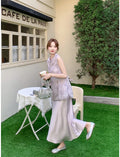 Olive Girl Qipao Cheongsam Embroidered Top Traditional Chinese Women's Clothing Set Summer Vest Sleeveless  Elegant Skirt Suit