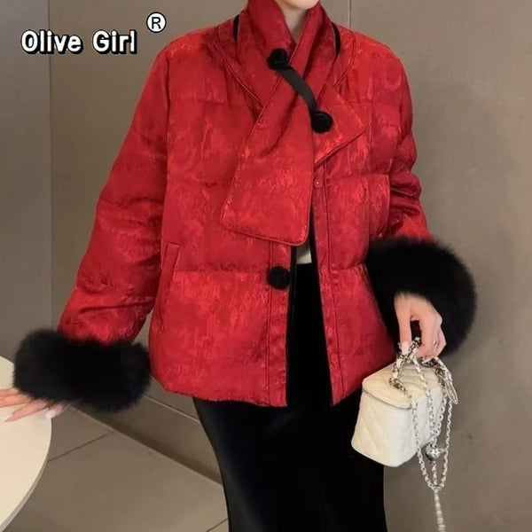Olivegirl Winter Cotton Jacket Coat Luxury Women's Outwear Top Retro Gift Scarf Flower Button High-end Women's Clothing New Year