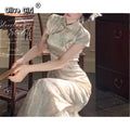 Olivegirl Cheongsam Dress Qipao Elegant Tulip Flower Lace Up Jacquard Floral Pattern Chinese Gentle and Elegant Long Dresses