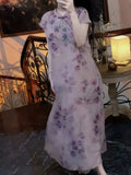 Embroidered Dress 2026 Purple Chinese Dress Qipao Printing Flower Slim Temperament Elegant Chinese Women Buckle Cheongsams