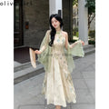 Green Cheongsam Elegant Cardigan Chinese Traditional Dress Qipao Chiffon Print Irregular Forest Dress Fairy Fashion Set