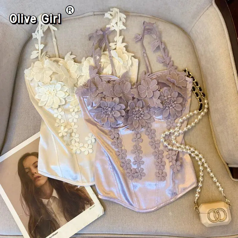 Olivegirl French Sexy 3D Floral Satin Fishbone Tank Top for Women Camis 2026 Summer New High-end Spicy Girl Top