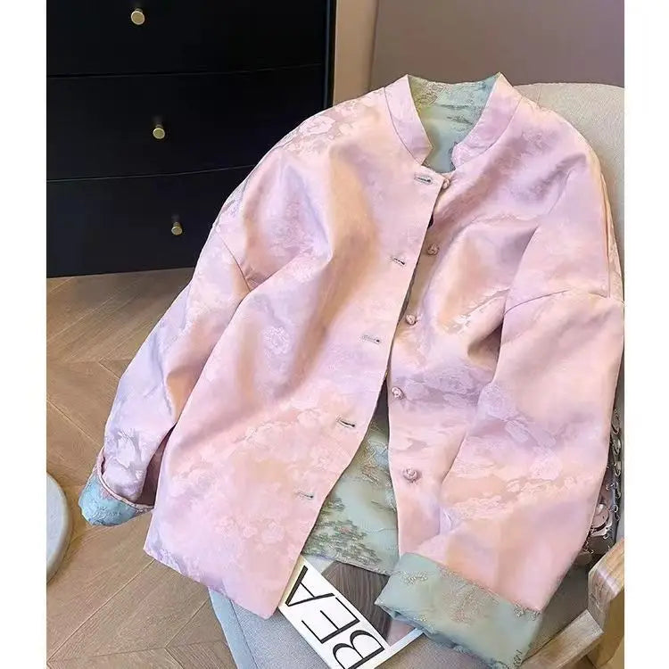 Green Pink Jacket Coat Lace Embroidery Fabric Women's Top High-end V-neck Retro Light Luxury Tang Style Clothing 2026