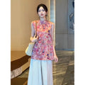 Olive Girl Top Oversized Women's Clothing Summer Large Size Chinese Traditional Jacquard Sleeveless Top Loose Wide Leg Pants
