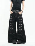 Olivegirl 2026 Women's Jeans Trousers Women Straight Trousers Gothic Y2K American Patchwork Rivet Design Black Loose Streetwear