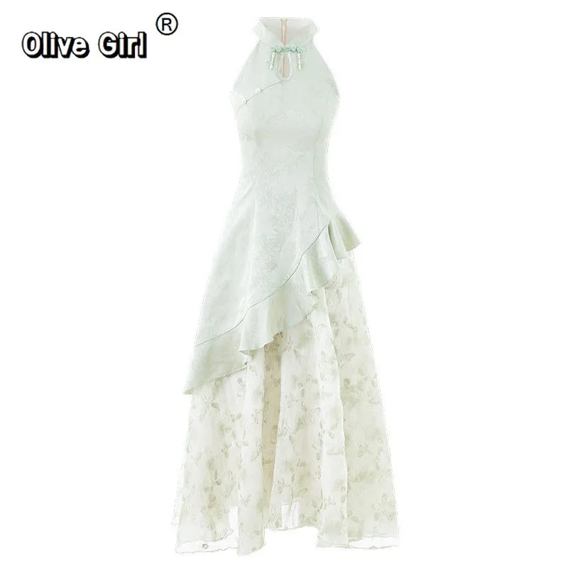Olivegirl High End Dress Qipao Cheongsam Chinese Style Hanging Neck Dress Two-piece Set 2026 Summer Fairy Long Dresses