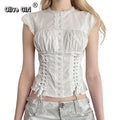 Olivegirl Women's Top Shirt Elegant Solid Color Camisole Spring Round Neck Buttoned T-shirt 2026 Bandage Personality Pleated
