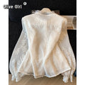 Olivegirl Women's Shirt Blouse High-end Jacquard Embroidery Beaded Lace Long Sleeved Shirt for Spring and Summer