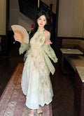 Green Cheongsam Elegant Cardigan Chinese Traditional Dress Qipao Chiffon Print Irregular Forest Dress Fairy Fashion Set