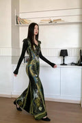 Olivegirl Inspired Bone Print Maxi Dress for Women Long Sleeves Fish Tail dress Flared Collar Waist-Cinching Hugging Style