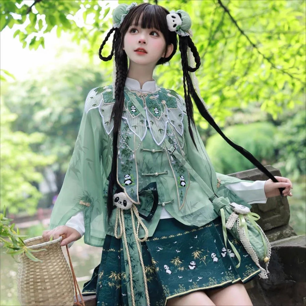 Original Hanfu Chinese Dress Lolita Panda Bamboo Cute Horse Face Skirt Embroidery Cosplay Party Princess