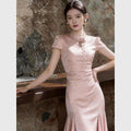 Olivegirl Pink Dresses Jacquard Fish Tail Chinese Women's Clothing 2026 Summer Retro Elegant Qipao Butterfly Cheongsam