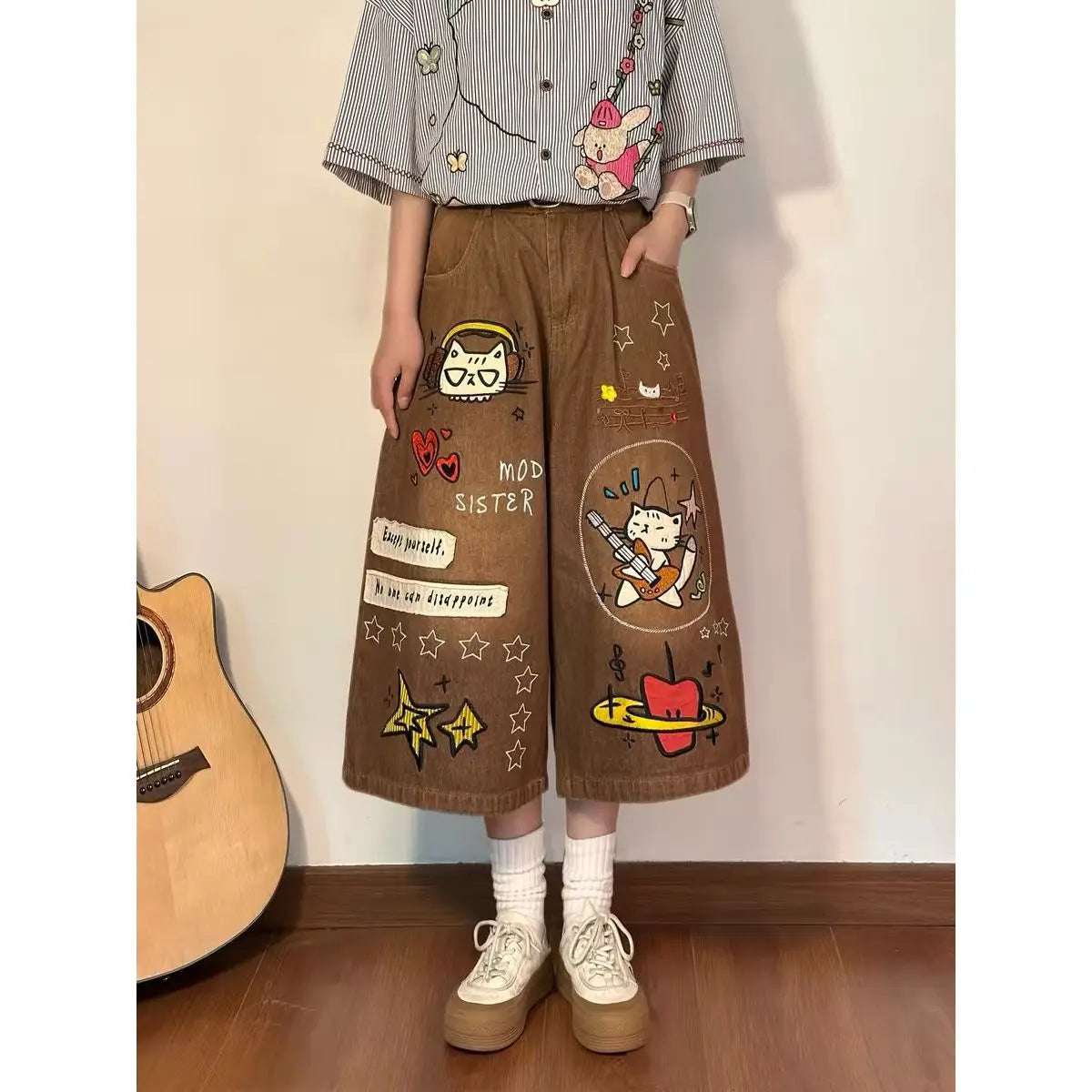 Olivegirl High End Cute Jean American Retro Pants Cartoon Embroidered Women's Seven Point Shorts Trousers Summer Wide Leg Pants