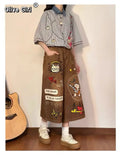 Olivegirl High End Cute Jean American Retro Pants Cartoon Embroidered Women's Seven Point Shorts Trousers Summer Wide Leg Pants