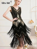 Olivegirl Women's Dress Banquet 2026 Retro V-neck Sleeveless Double Layer Tassel Dress Fashion Shining Nail Bead Party Gown