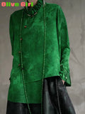 2025 Green Shirt Top Jacquard Fabric Elegant High End Petal Sleeves Chinese Traditional Clothing Women's Blouse Shirt Women