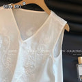 Olivegirl White Strappy Top Women's Shirt Embroidery V-Neck Linen Strappy Top Women's Summer 2026 Loose Fit Sleeveless Shirt