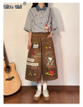 Olivegirl High End Cute Jean American Retro Pants Cartoon Embroidered Women's Seven Point Shorts Trousers Summer Wide Leg Pants