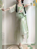 Olivegirl Hanfu Dresses Women's Song Style Green Short Shirt Flower Bud Pants Skirt Shorts Set Daily Summer Style