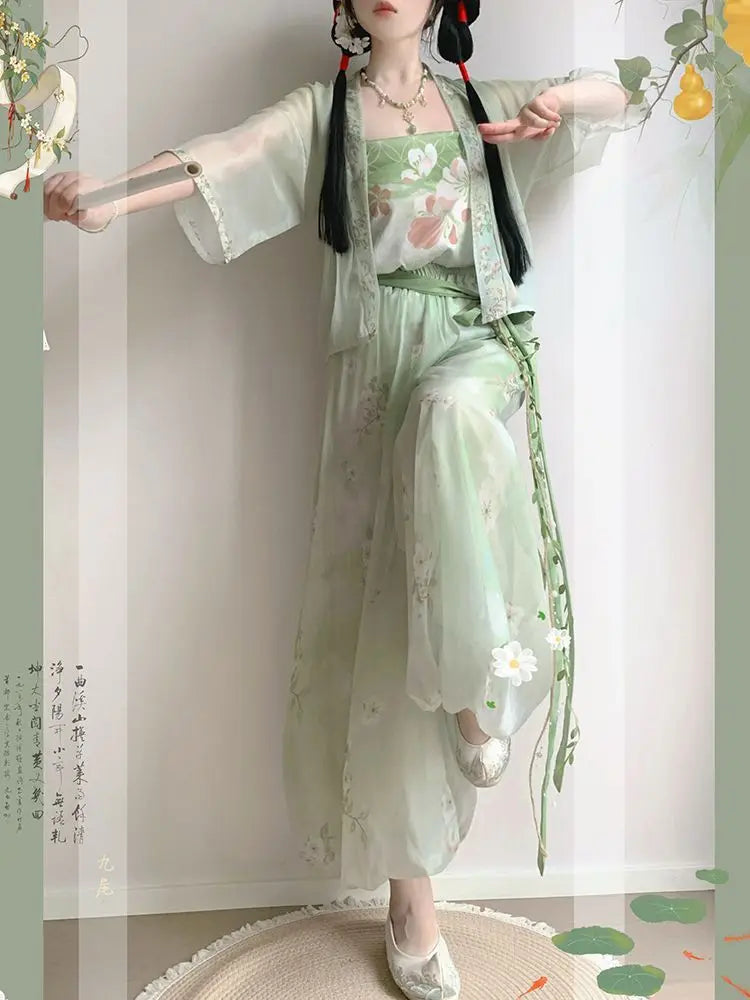 Olivegirl Hanfu Dresses Women's Song Style Green Short Shirt Flower Bud Pants Skirt Shorts Set Daily Summer Style