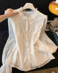 Olivegirl Women's Shirt Blouse High-end Jacquard Embroidery Beaded Lace Long Sleeved Shirt for Spring and Summer