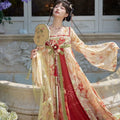 Chinese Hanfu Dresses Fairy Spring Summer Tang-Style Hanfu Dress Set Front Overlapping Large Sleeves Embroidery and Leaf Print