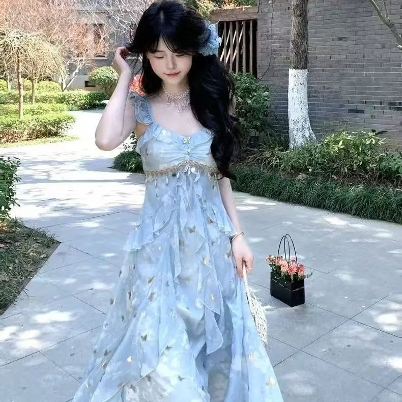 Olivegirl 2026 Summer Dress Elegant Strapless Sleeveless Girl's Butterfly Embellished Dress Waist Cinch Flared Dresses Layers
