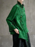 2025 Green Shirt Top Jacquard Fabric Elegant High End Petal Sleeves Chinese Traditional Clothing Women's Blouse Shirt Women