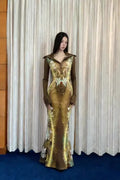 Olivegirl Inspired Bone Print Maxi Dress for Women Long Sleeves Fish Tail dress Flared Collar Waist-Cinching Hugging Style