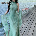 Olivegirl Sexy Dress Cheongsam Qipao 3D Flower Sleeveless Elastic Mesh Fabric Off Shoulder Purple Green Fish Tail Women's Dress