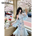 Olivegirl Summer Women's Dress Cheongsam Qipao Chinese Style Dyed Printed Gilded Gauze Improved Fishtail Dress Blue Cardigan