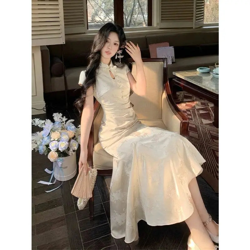 Olivegirl Pink Dresses Jacquard Fish Tail Chinese Women's Clothing 2026 Summer Retro Elegant Qipao Butterfly Cheongsam