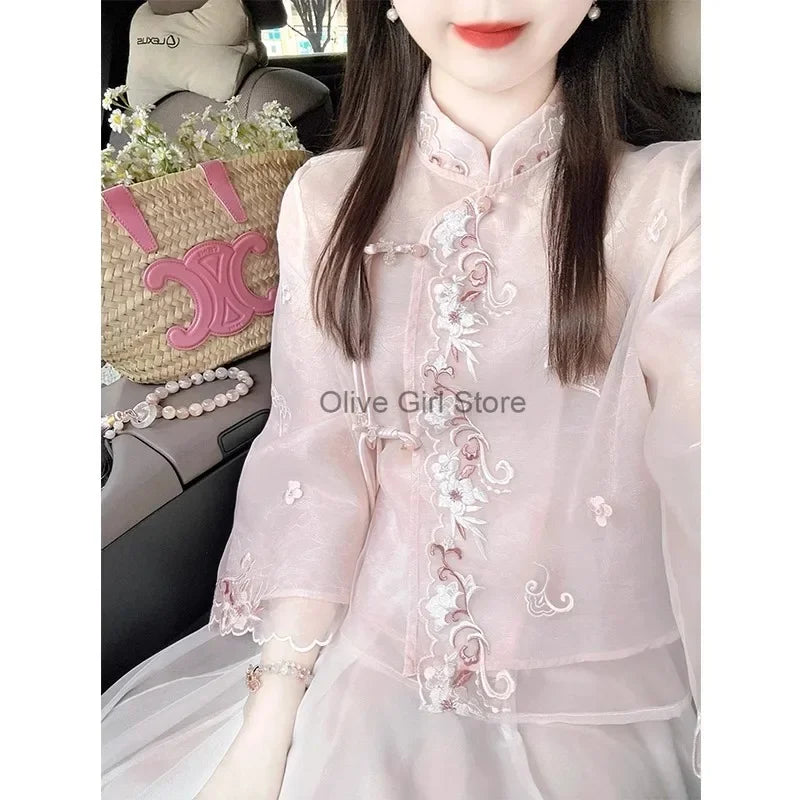 Women's Two Pieces Outfits Embroidered Pink Flower Top Short Skirt Traditional Chinese Clothing Women's Summer 2024 High-end Set