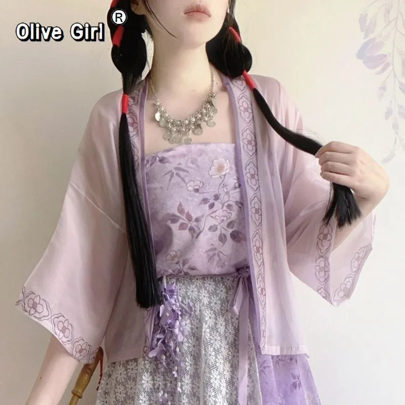 Olivegirl Hanfu Women's Clothing Chinese Style Short Shirt Suspender Print Elegant Sweet Song Pants Daily Outfit Summer Cosplay