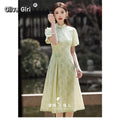Olivegirl Green Dress Qipao Elegant Cheongsam Jacquard 2026 Summer Young Girls Chinese Style Dress  Long Women's Clothing