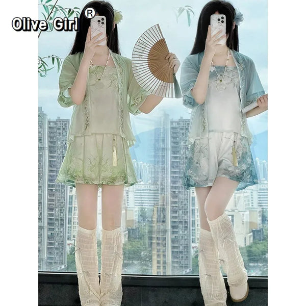 Olivegirl Hanfu Women's Song Style Shirt Camisole Shorts Summer 2026 Daily Set Traditional Chinese Clothing