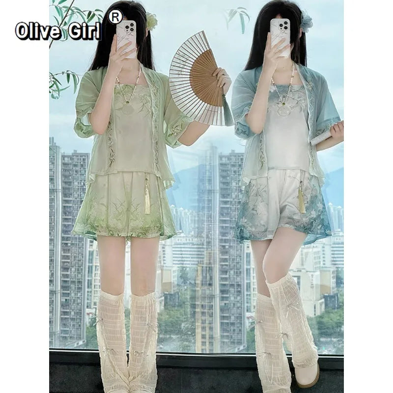 Olivegirl Hanfu Women's Song Style Shirt Camisole Shorts Summer 2026 Daily Set Traditional Chinese Clothing