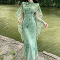 Olivegirl Sexy Dress Cheongsam Qipao 3D Flower Sleeveless Elastic Mesh Fabric Off Shoulder Purple Green Fish Tail Women's Dress