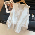 Olivegirl White Strappy Top Women's Shirt Embroidery V-Neck Linen Strappy Top Women's Summer 2026 Loose Fit Sleeveless Shirt