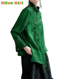 2025 Green Shirt Top Jacquard Fabric Elegant High End Petal Sleeves Chinese Traditional Clothing Women's Blouse Shirt Women