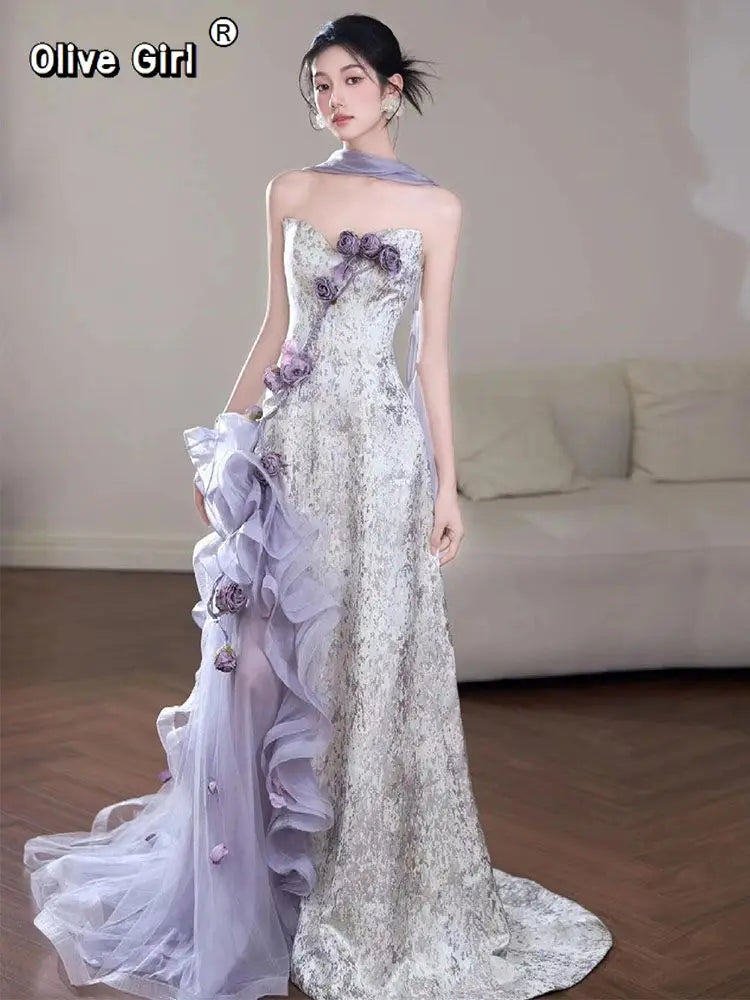 Olivegirl Purple Dress Evening Gown Fishtail Women's Dresses Luxury High-end Flower Wedding Banquet Bride's Toast Clothes