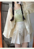 Improved Hanfu Shorts Set | Embroidered Floral Shirt & Suspender | Modern Chinese Summer Outfit