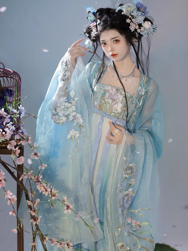 Tang Dynasty Hanfu Dress | High-Collar Gradient Heavywork Embroidery | Large Sleeve Fairy Set